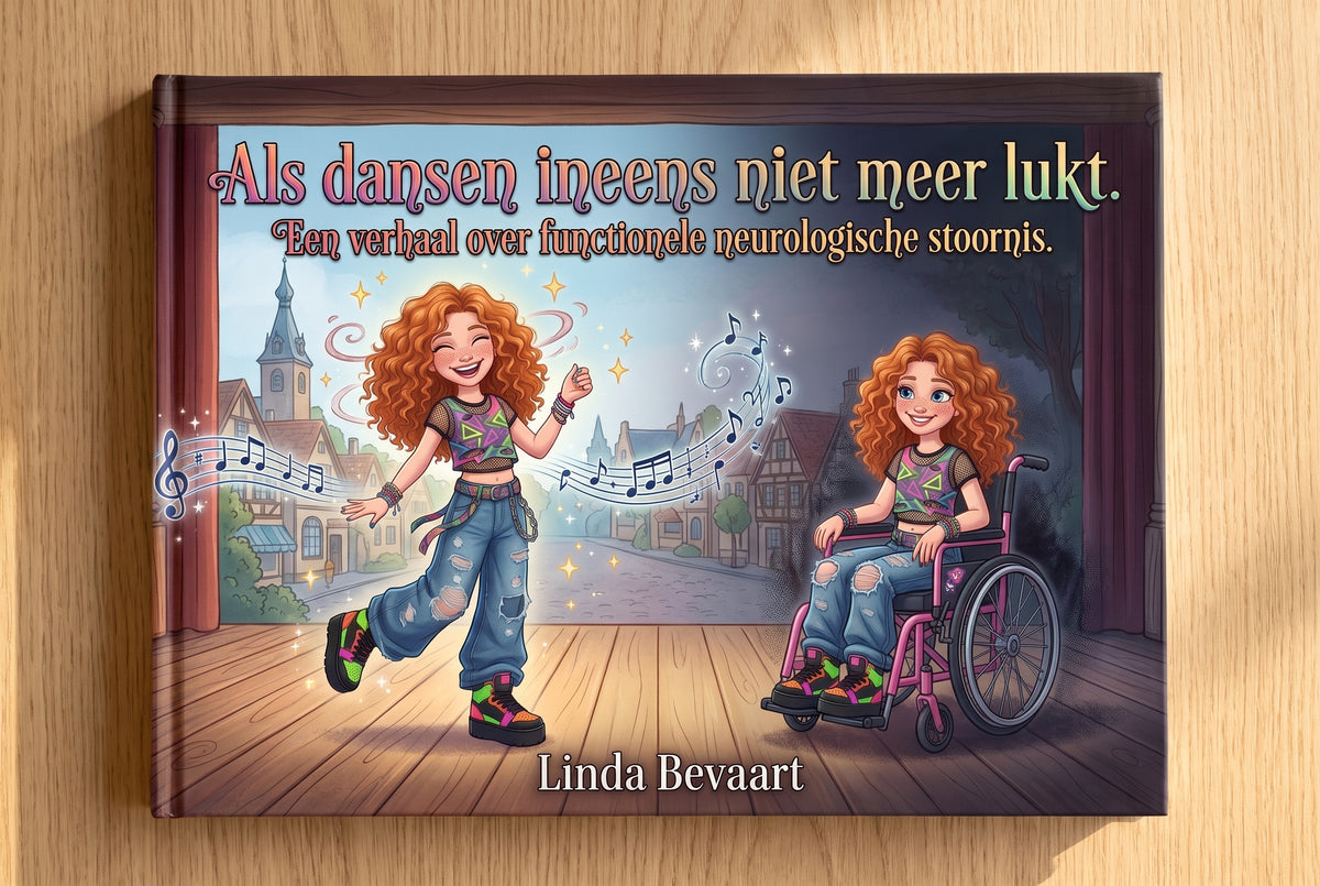 Omslag van het boek 'Als dansen ineens niet meer lukt' met een meisje dat danst en hetzelfde meisje in een rolstoel
