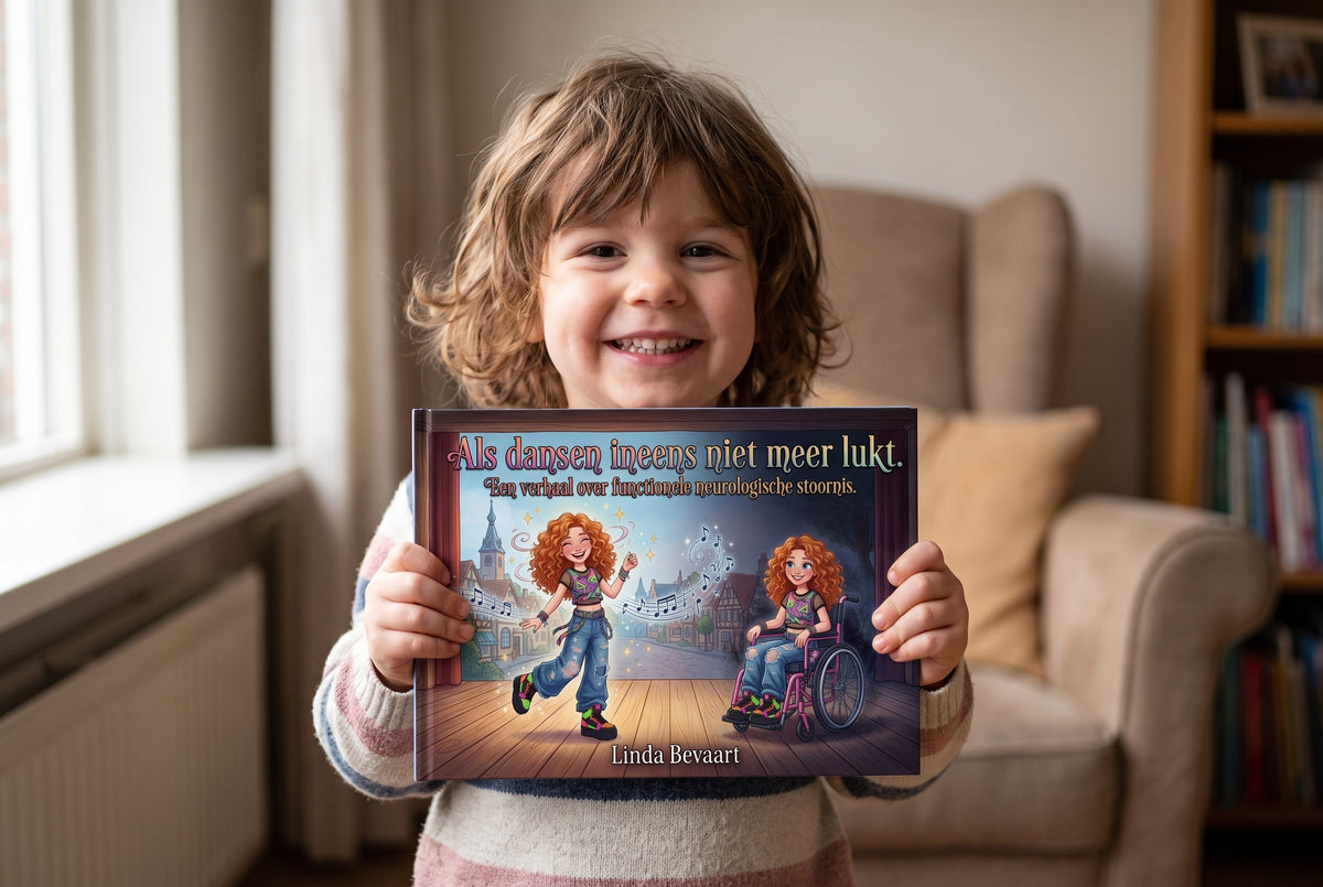 Kind houdt het boek Als dansen ineens niet meer lukt vast met vrolijke illustratie van dansend meisje en rolstoel