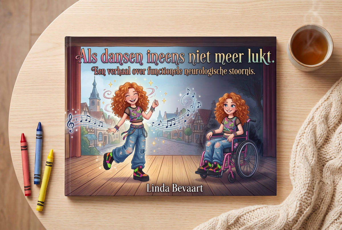 Voorplat van het kinderboek 'Als dansen ineens niet meer lukt' met een meisje dat danst en hetzelfde meisje in een rolstoel
