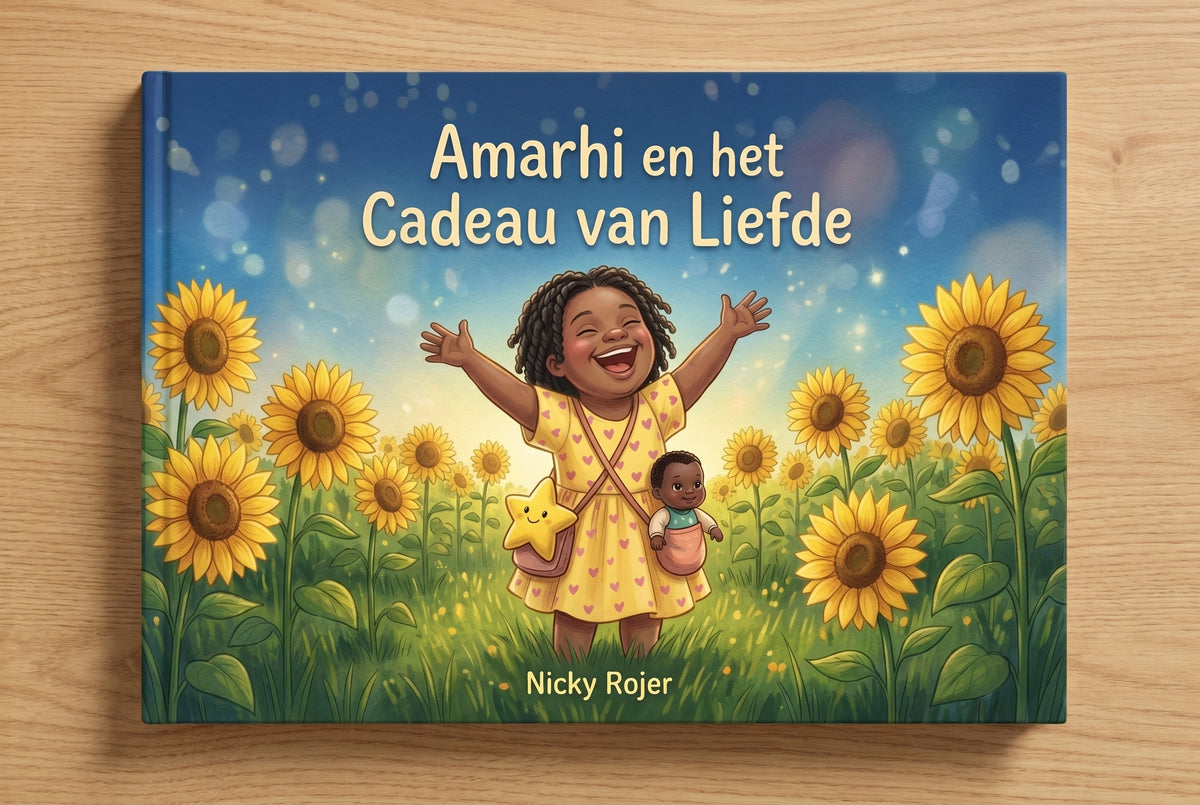 Voorpagina van het kinderboek Amarhi en het Cadeau van Liefde met een lachend meisje tussen zonnebloemen