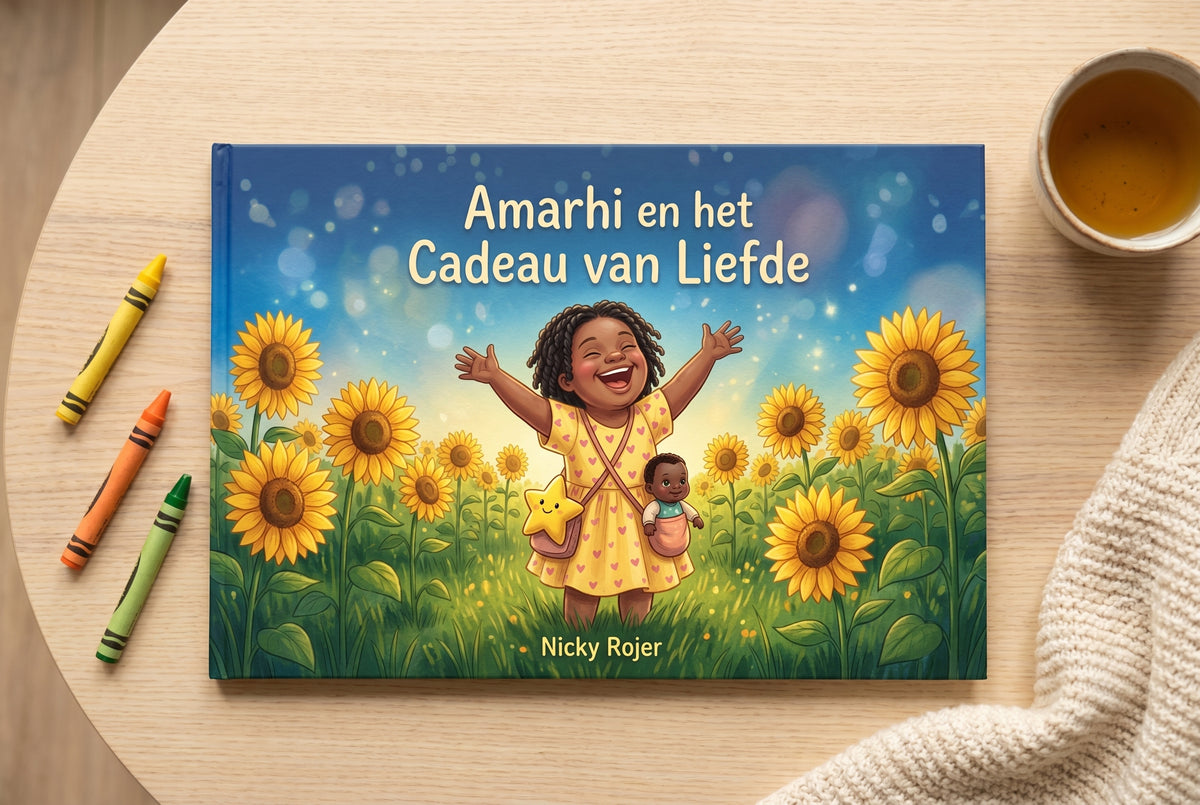 Voorplat van kinderboek Amarhi en het Cadeau van Liefde met lachend meisje tussen zonnebloemen op tafel met krijtjes en thee