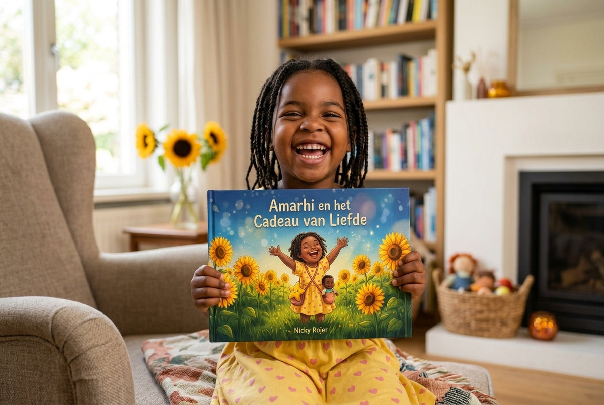 Vrolijk meisje zit op een stoel en houdt het kinderboek Amarhi en het Cadeau van Liefde vast met zonnebloemen op de voorkant