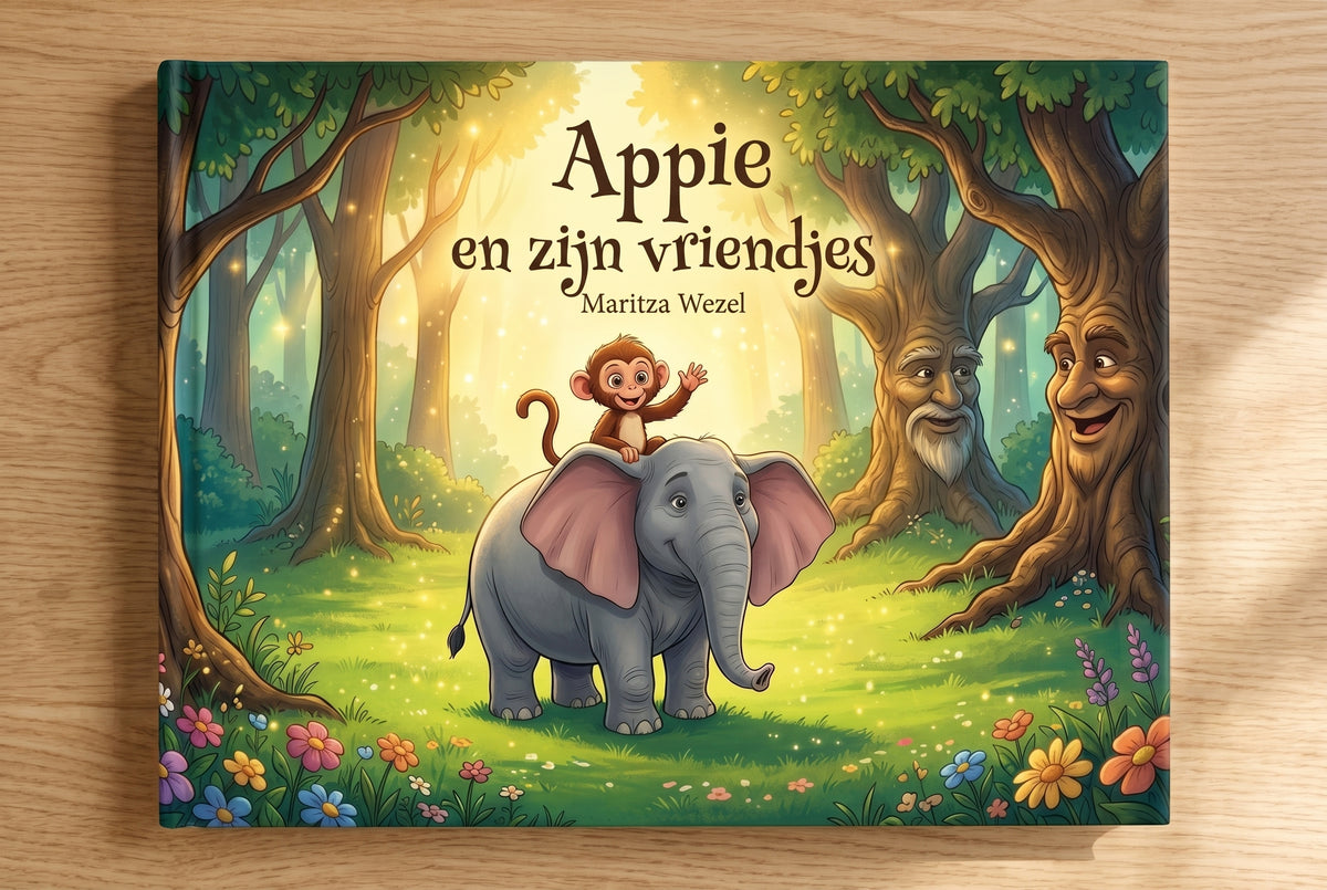 Voorpagina van het kinderboek Appie en zijn vriendjes met een aapje op een olifant in een magisch bos
