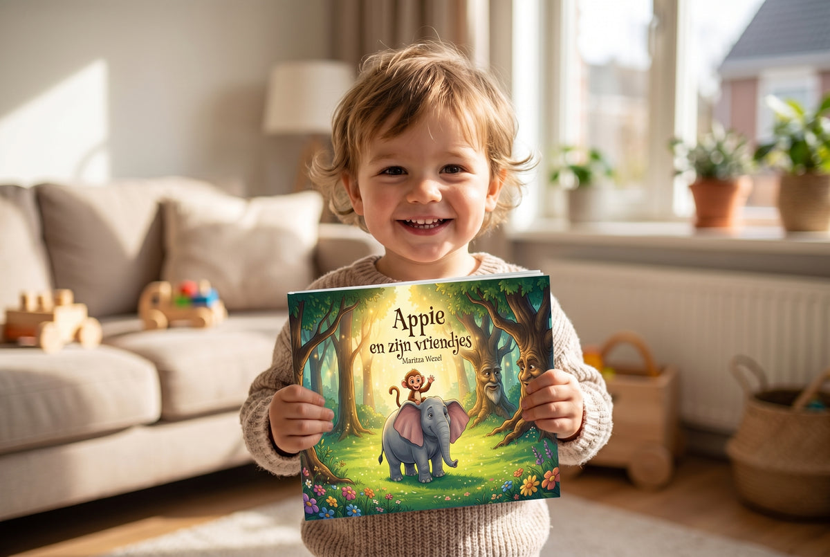 Kind houdt het kinderboek Appie en zijn vriendjes vast met een kleurrijke cover van een aapje op een olifant in het bos