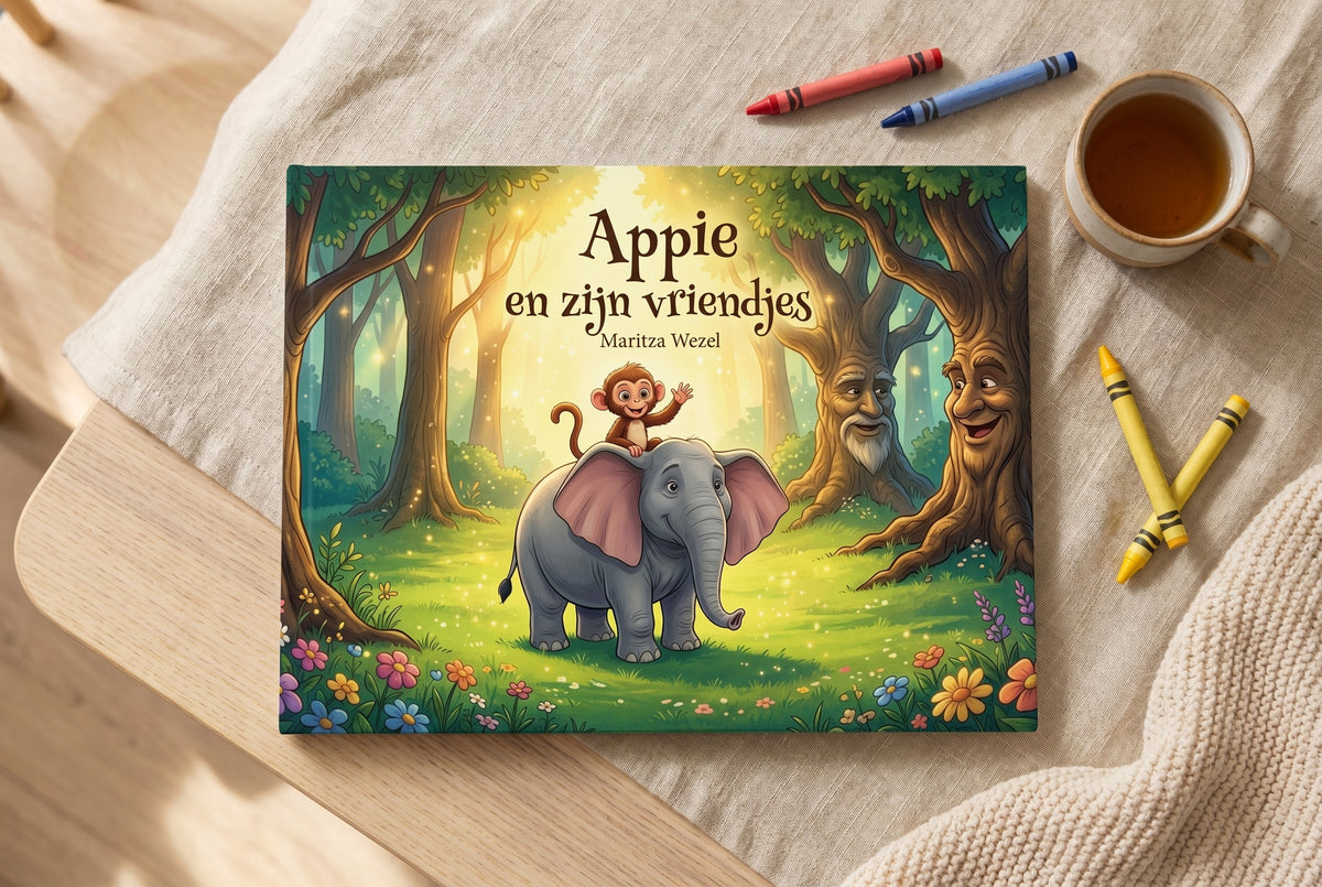 Voorplat van kinderboek Appie en zijn vriendjes met aapje op olifant in betoverd bos vol bloemen en pratende bomen