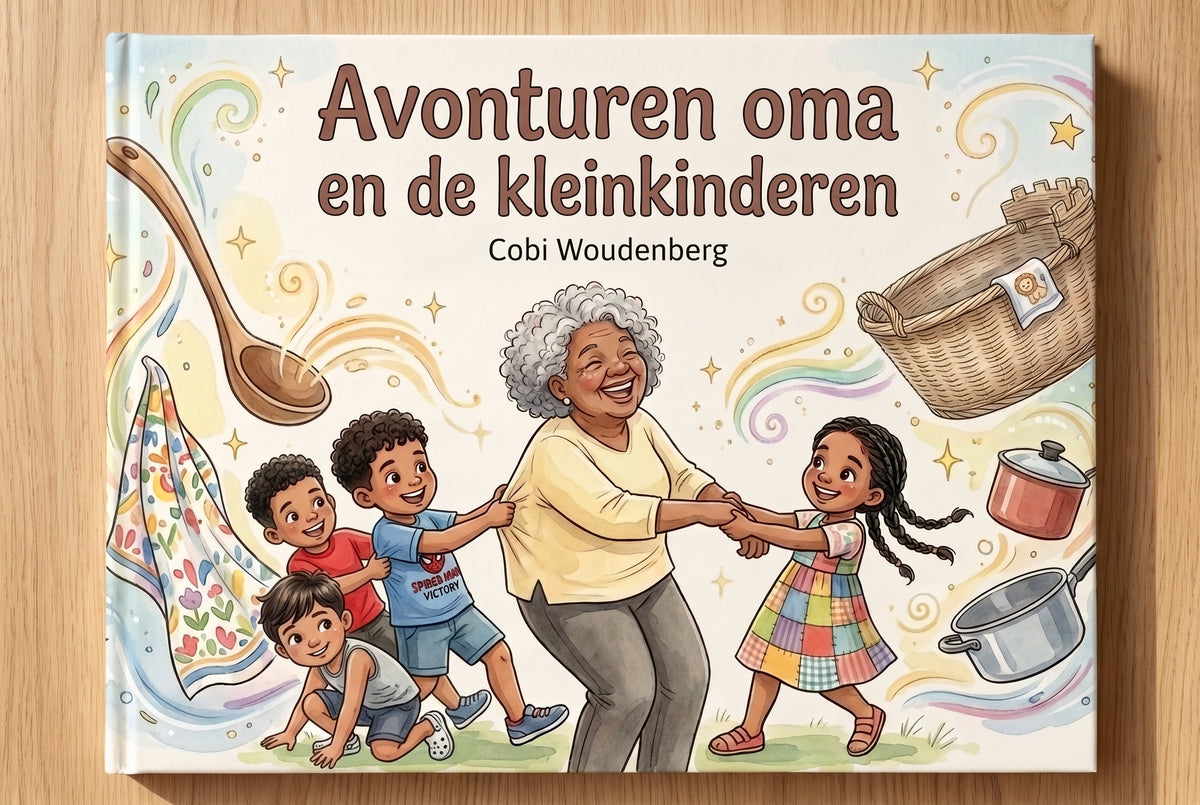 Voorzijde van het kinderboek Avonturen oma en de kleinkinderen met oma en vier kleinkinderen spelend en lachend