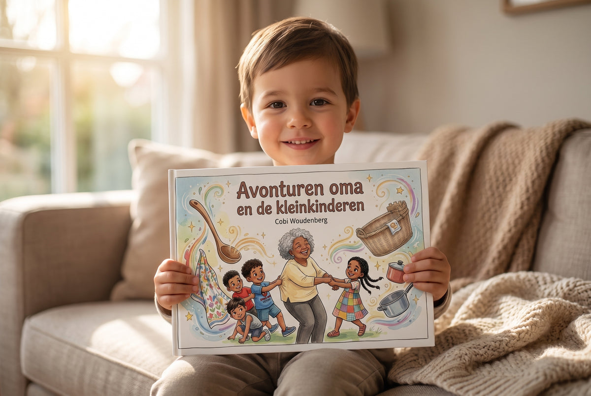 Kind zit op bank en houdt het kinderboek Avonturen oma en de kleinkinderen met vrolijke illustratie vast