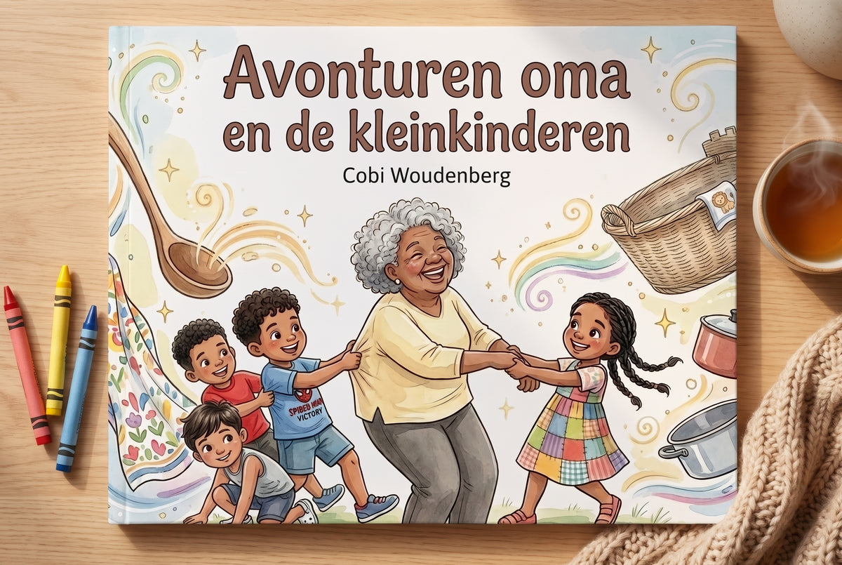 Voorplat van het kinderboek Avonturen oma en de kleinkinderen met oma en vier kleinkinderen die samen dansen