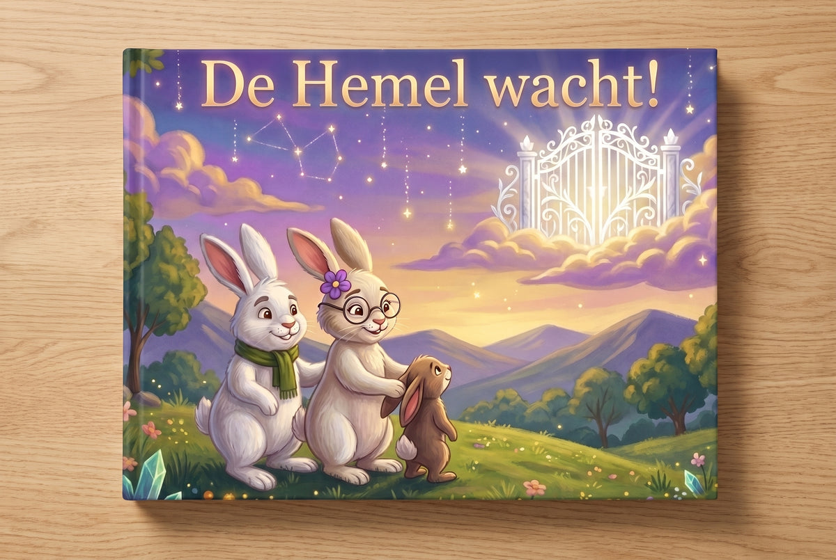 Voorplat van kinderboek De Hemel wacht! met drie konijnen voor een hemelpoort in een sterrennacht