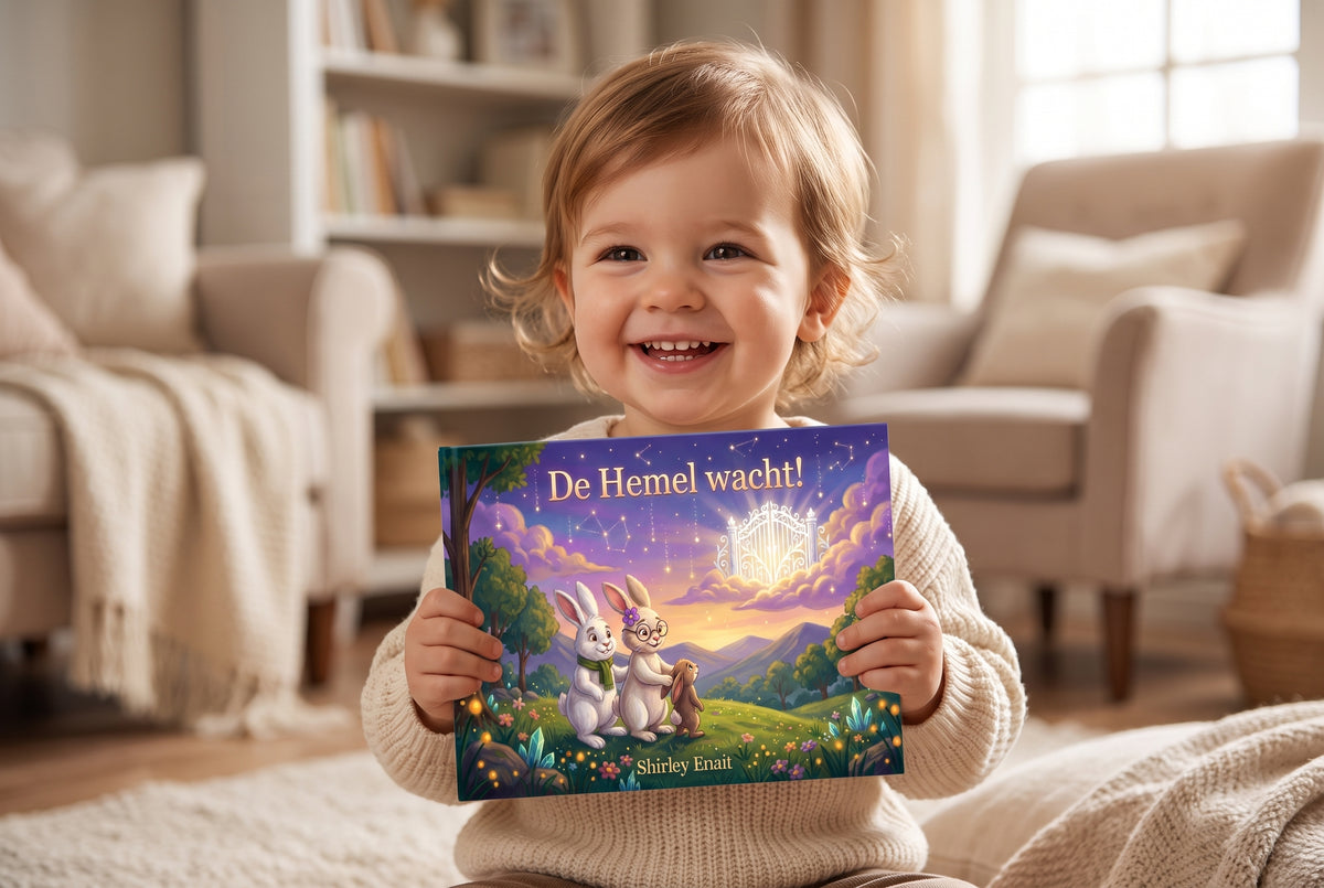 Kind houdt het kinderboek De Hemel wacht! vast met illustratie van twee konijnen en een hondje bij een poort in de hemel