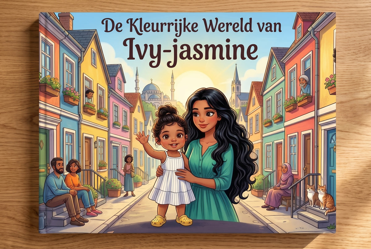 Voorpagina van het kinderboek De Kleurrijke Wereld van Ivy-jasmine met Ivy-jasmine en een klein meisje in een kleurrijke straat