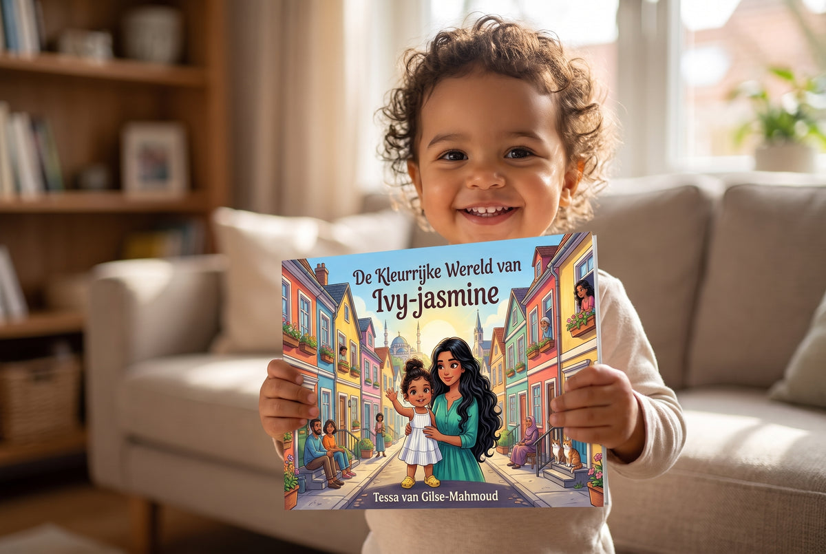 Kind houdt het kinderboek De Kleurrijke Wereld van Ivy-jasmine vast met een kleurrijke straat en personages op de voorkant