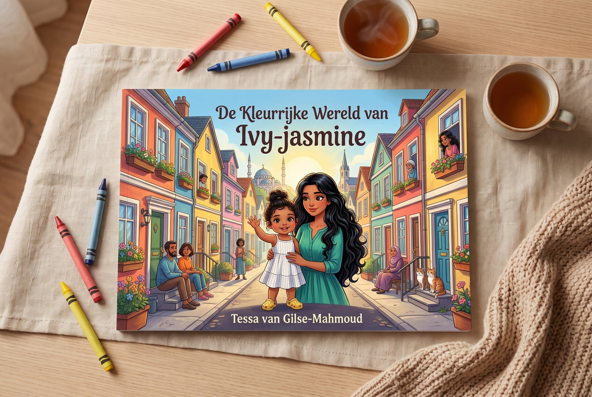 Voorplat van De Kleurrijke Wereld van Ivy-jasmine met Ivy en een klein meisje in een kleurrijke straat vol mensen en bloemen