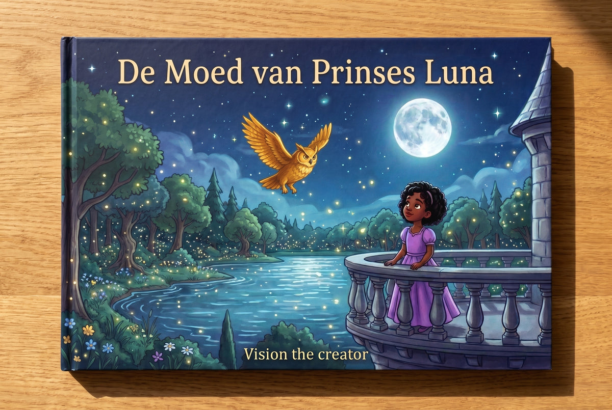 Voorplat van kinderboek De Moed van Prinses Luna met prinses op balkon en vliegende uil bij maanlicht