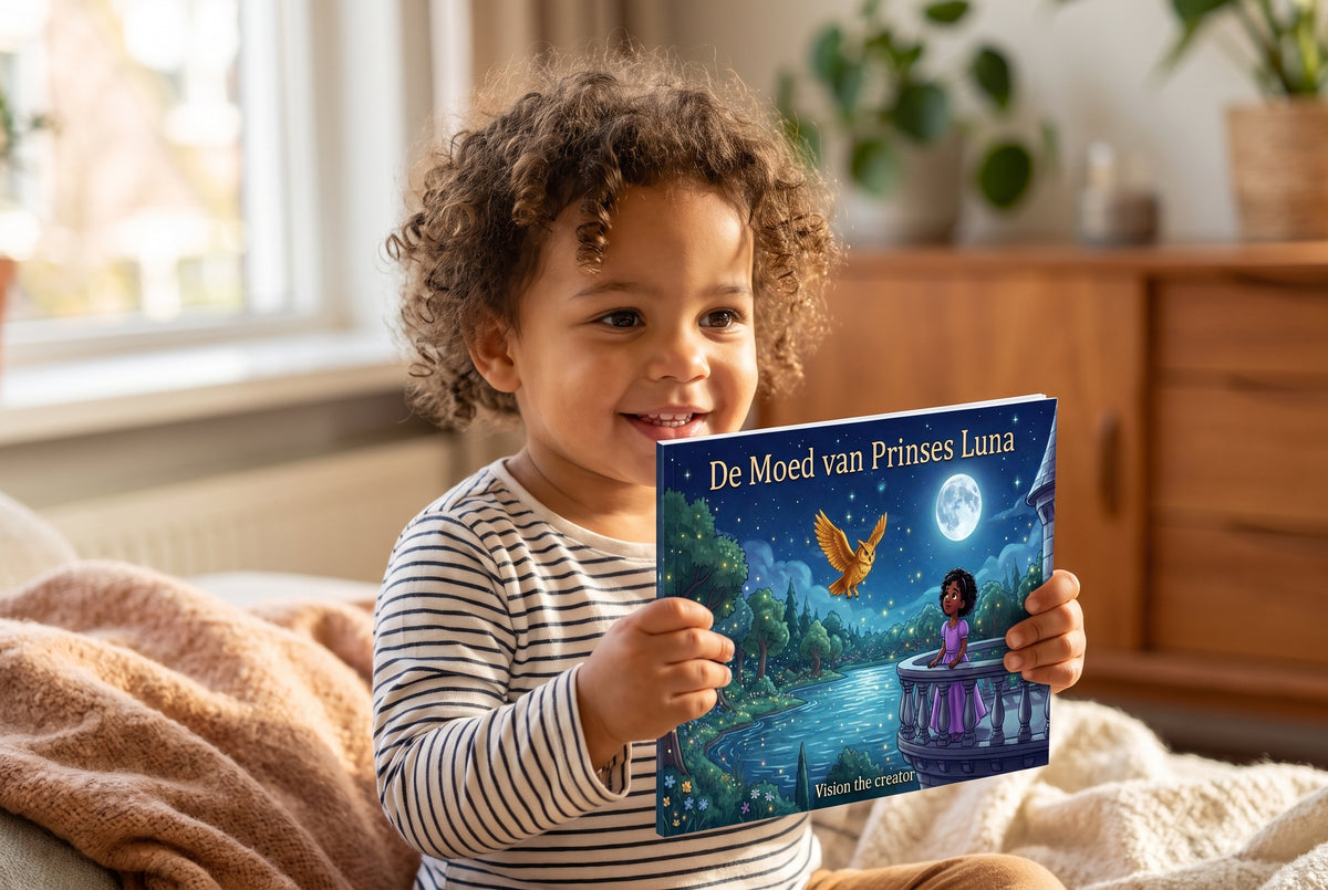 Kind houdt het kinderboek De Moed van Prinses Luna vast met een illustratie van prinses Luna en uil Barnaby bij maanlicht
