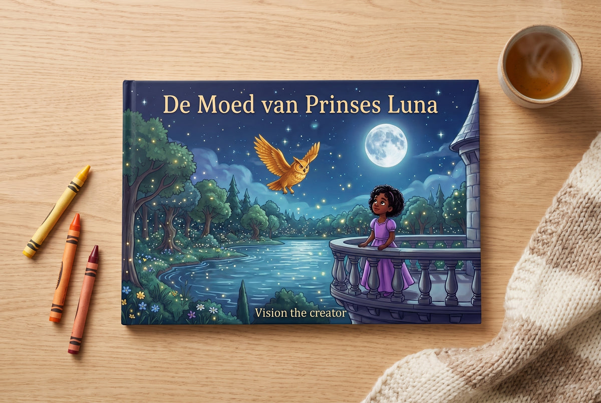Voorplat van kinderboek De Moed van Prinses Luna met prinses op balkon en uil bij maanlicht