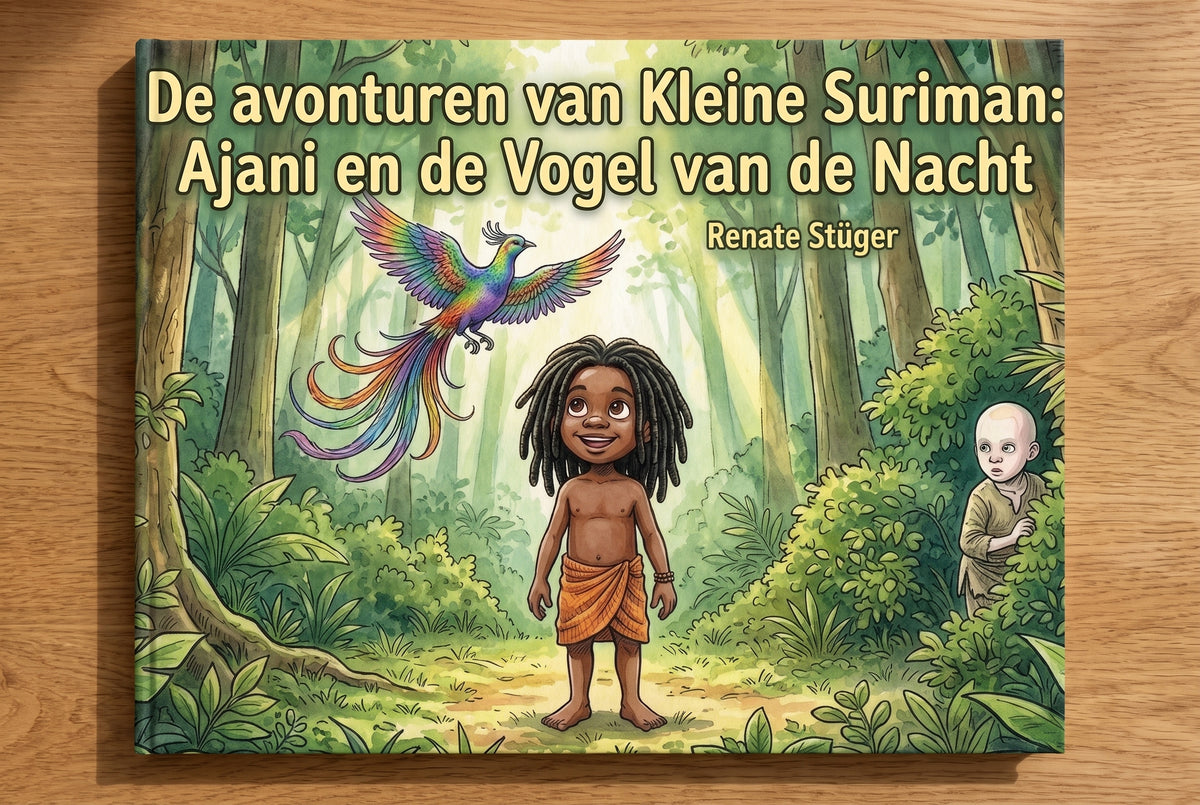 Voorplat van kinderboek De avonturen van Kleine Suriman met Ajani en een kleurrijke vogel in het Surinaamse oerwoud