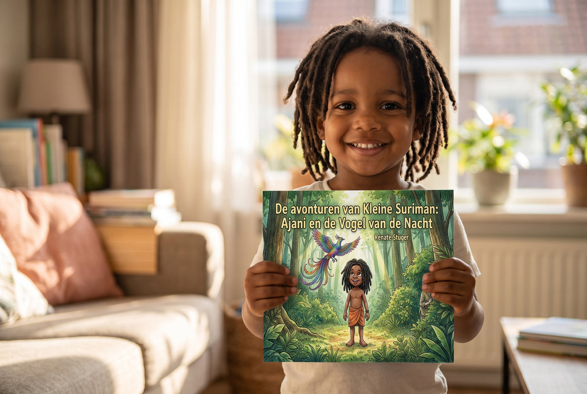 Kind met dreadlocks houdt het kinderboek De avonturen van Kleine Suriman: Ajani en de Vogel van de Nacht vast