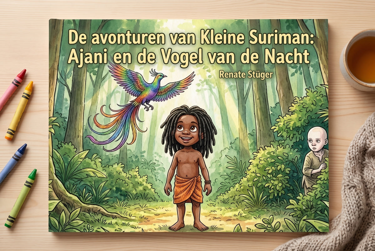 Voorplat van De avonturen van Kleine Suriman: Ajani en de Vogel van de Nacht met Ajani en een kleurrijke vogel in het oerwoud