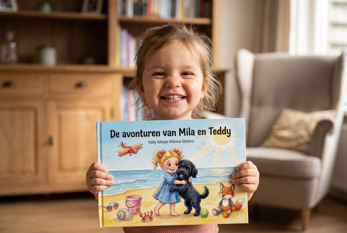 Kind houdt het kinderboek De avonturen van Mila en Teddy vast met vrolijke cover van meisje en hond op het strand