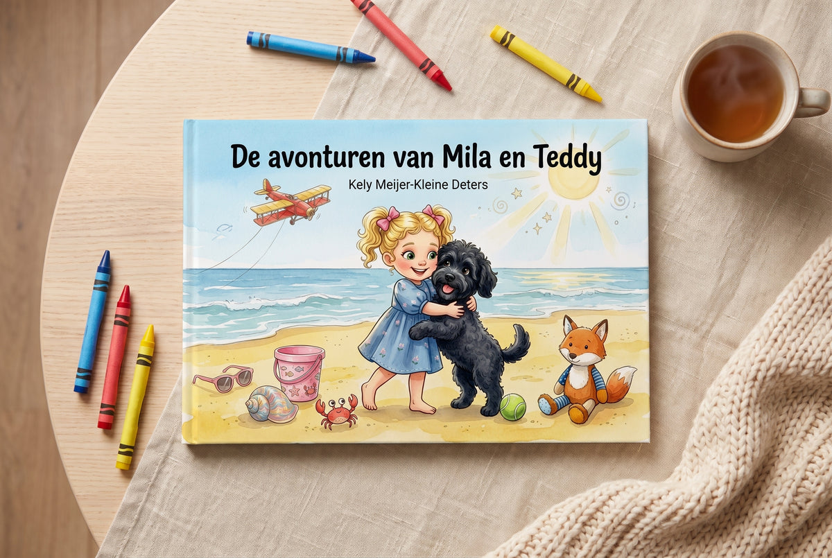 Voorplat van kinderboek De avonturen van Mila en Teddy met meisje en hond op het strand, omringd door krijtjes en een kop thee