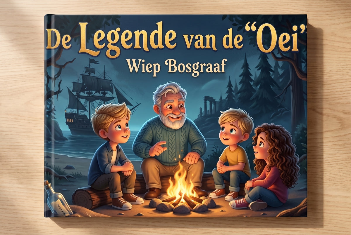 Voorpagina van het kinderboek De Legende van de "Oei" met een opa en drie kinderen bij een kampvuur aan zee