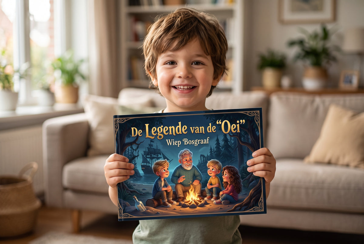 Kind houdt het kinderboek De Legende van de "Oei" met illustratie van kampvuur en piraten vast