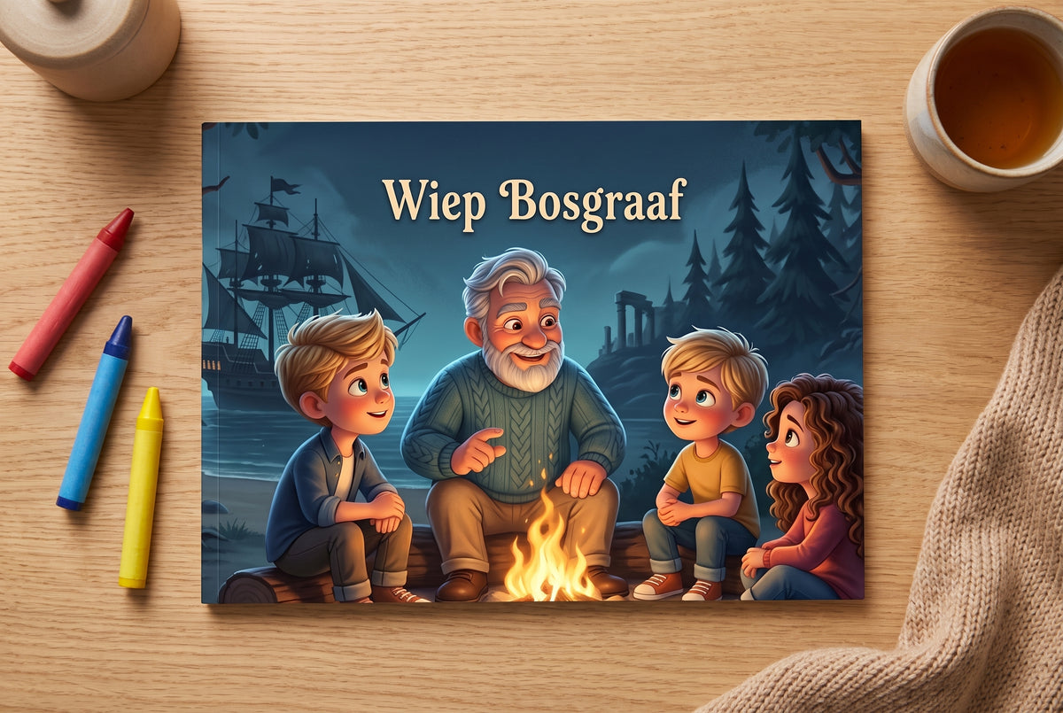 Omslag van het boek De legende van de "Oei" met Pake Wieger die bij het kampvuur een verhaal vertelt aan drie kinderen