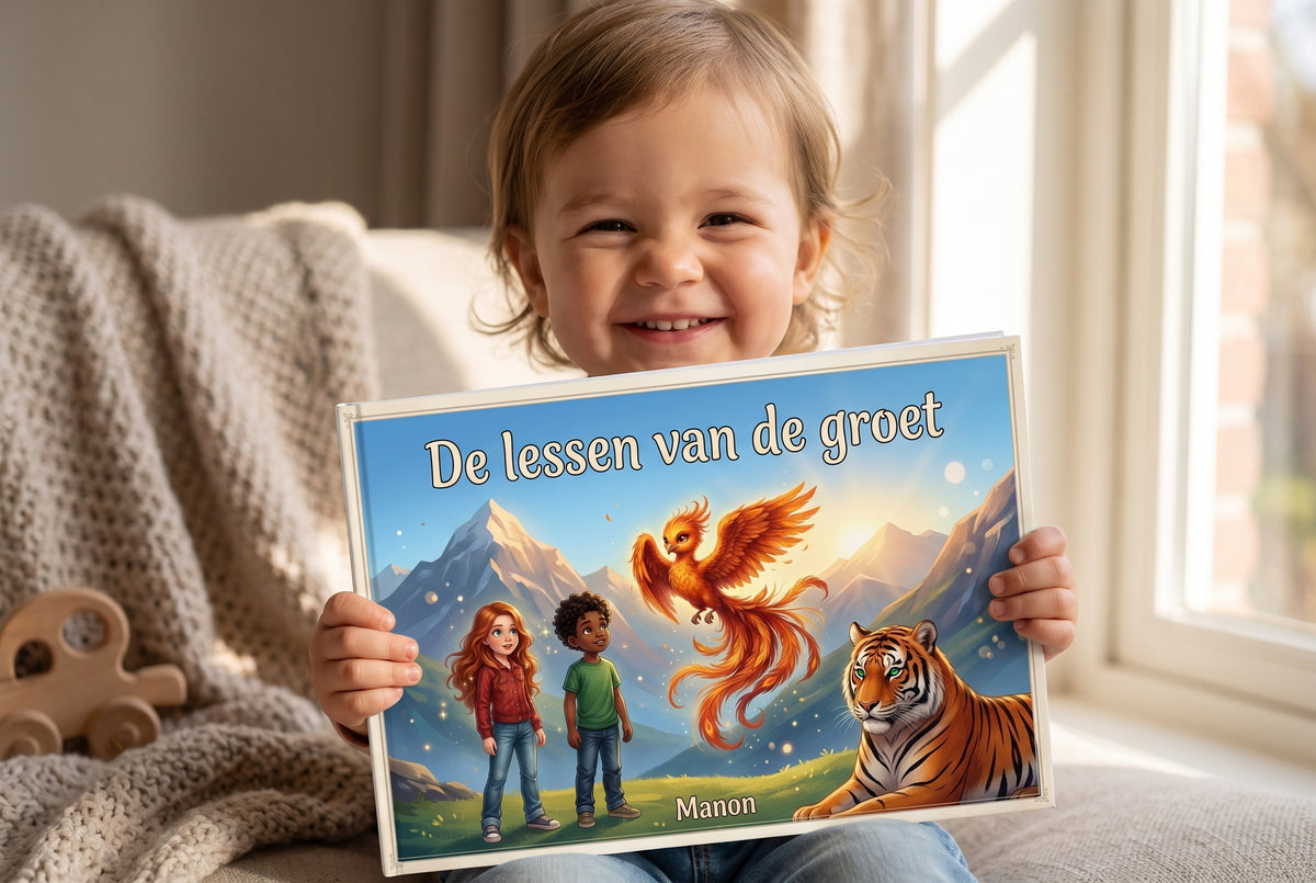 Kind houdt het kinderboek De lessen van de groet vast met een berglandschap, feniks, tijger en twee kinderen op de voorkant