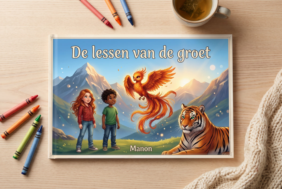 Voorplat van het kinderboek De lessen van de groet met Tim, Jasmijn, een feniks en een tijger in een berglandschap