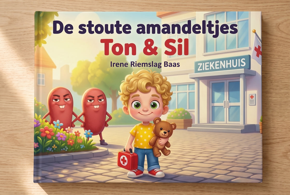 Kinderboek De stoute amandeltjes Ton & Sil met jongen, twee ondeugende amandelen en ziekenhuis op de voorkant