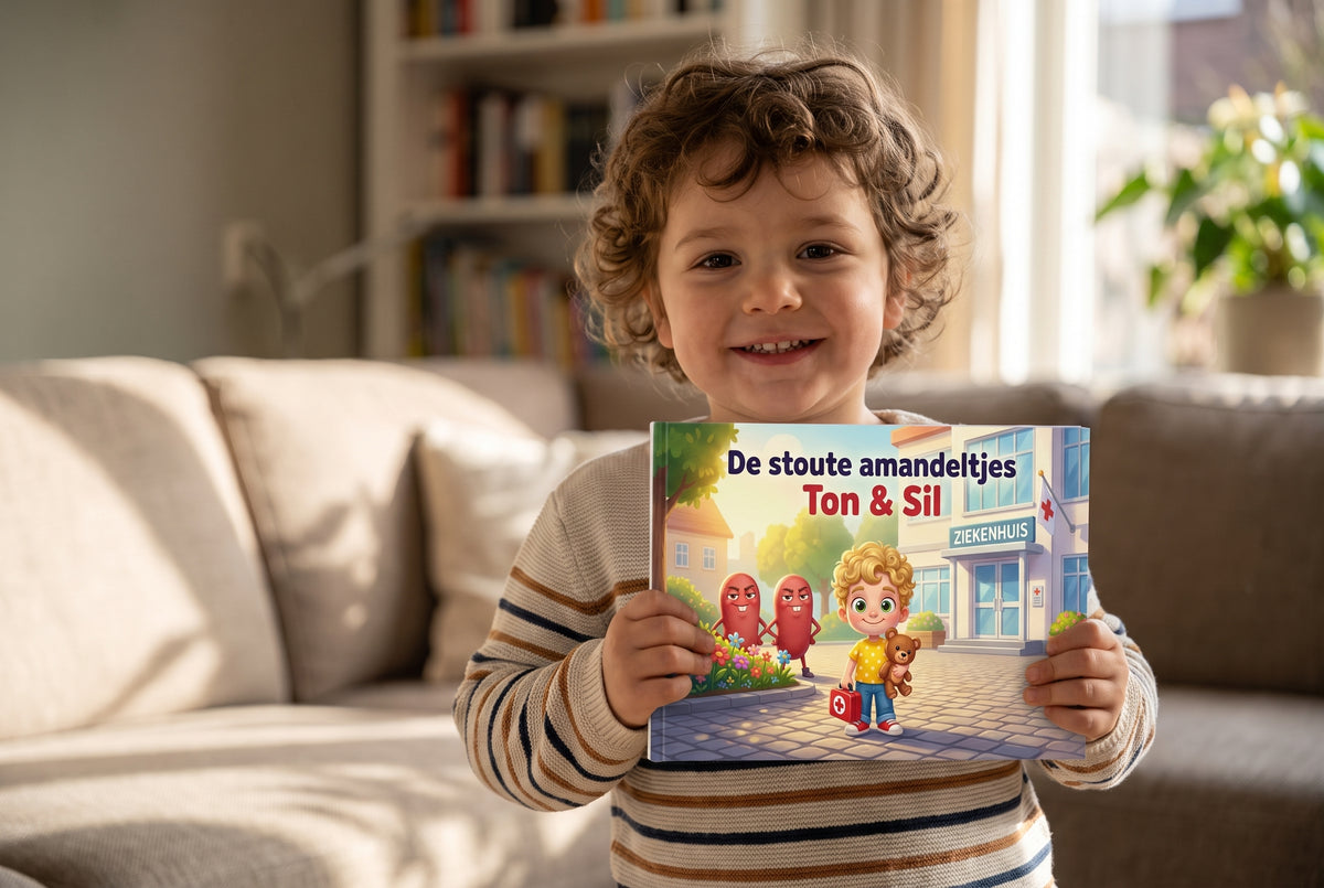 Kind houdt het kinderboek De stoute amandeltjes Ton & Sil vast met kleurrijke illustratie van ziekenhuis en personages