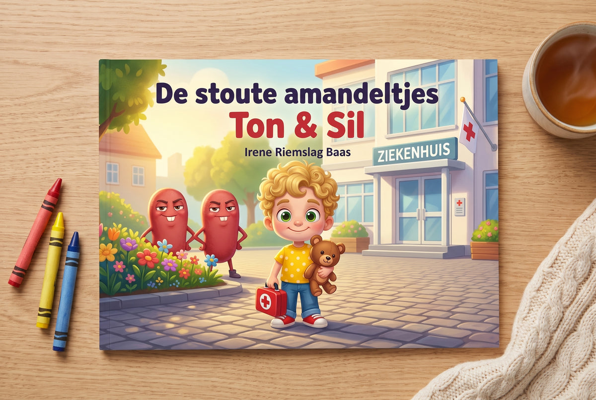 Voorpagina van het kinderboek De stoute amandeltjes Ton & Sil met een jongen, twee amandeltjes en een ziekenhuis op de achtergrond