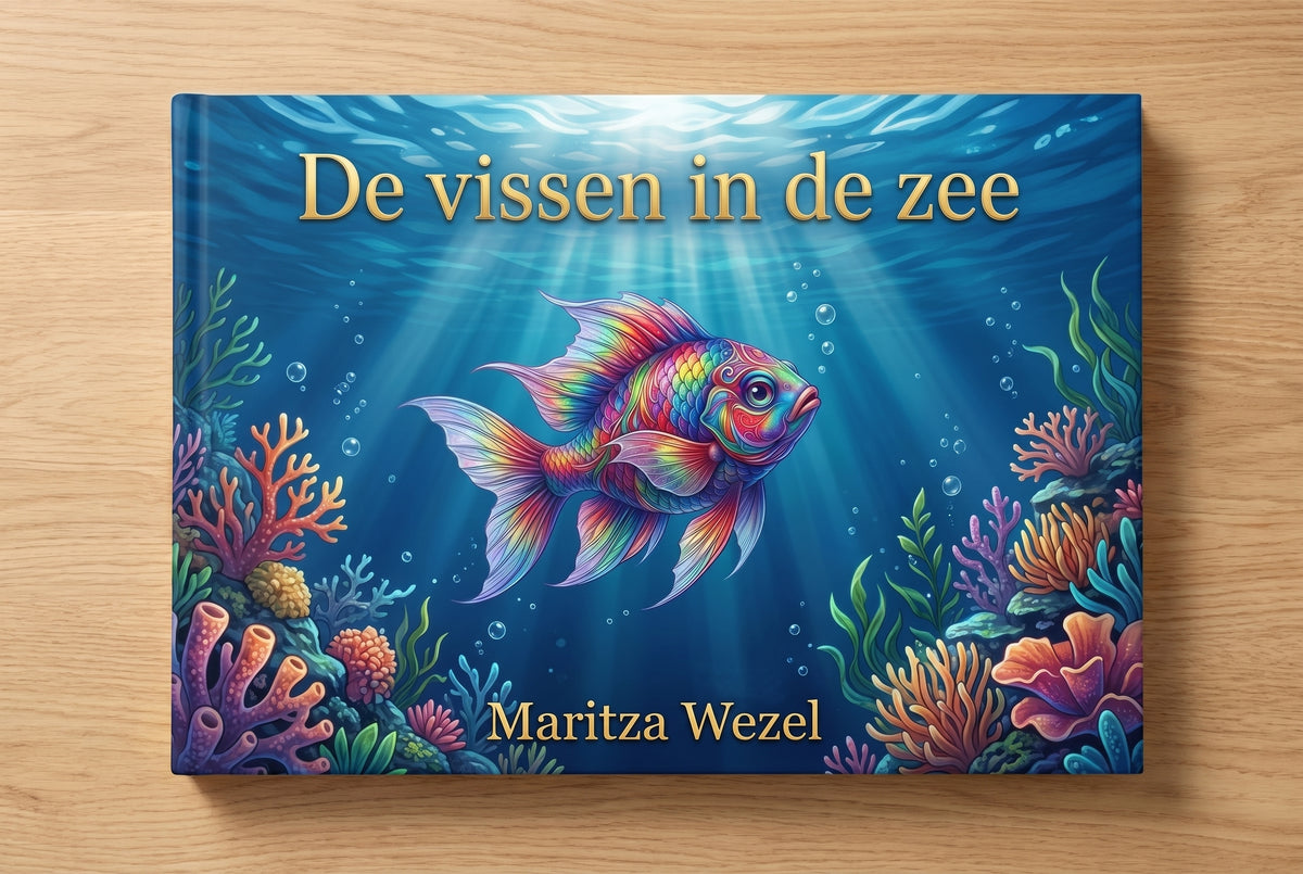 Voorplat van kinderboek De vissen in de zee met kleurrijke vis en onderwaterwereld met koraal en zeewier