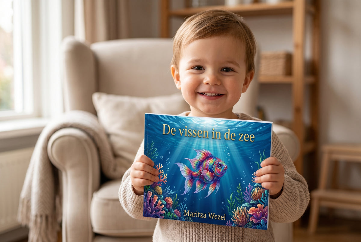 Kind houdt het kinderboek De vissen in de zee vast met kleurrijke vis en koraal op de voorkant