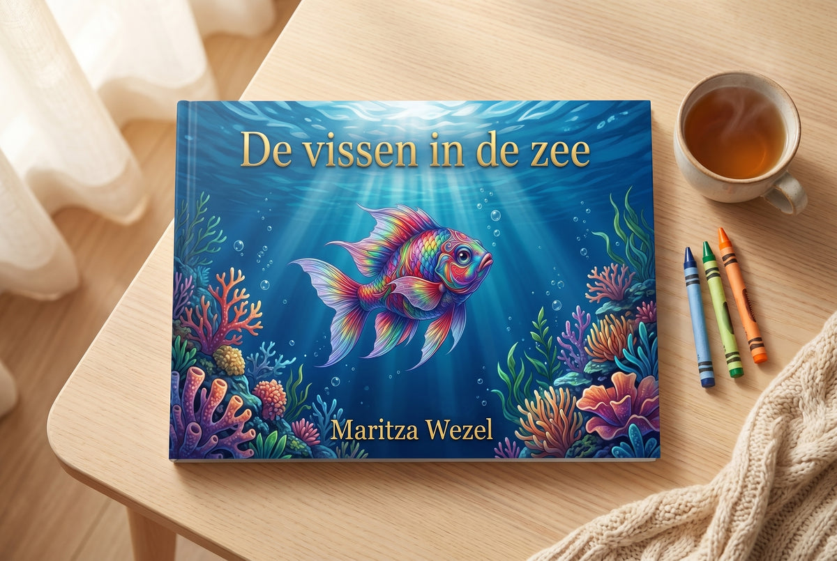 Voorplat van kinderboek De vissen in de zee met kleurrijke vis en koraal op houten tafel naast thee en kleurkrijtjes