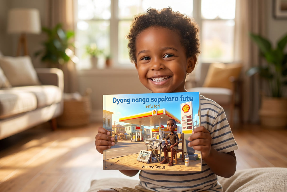 Kind houdt het kinderboek Dyang nanga sapakara futu vast met een glimlach, voorkant toont Dyang bij een benzinestation
