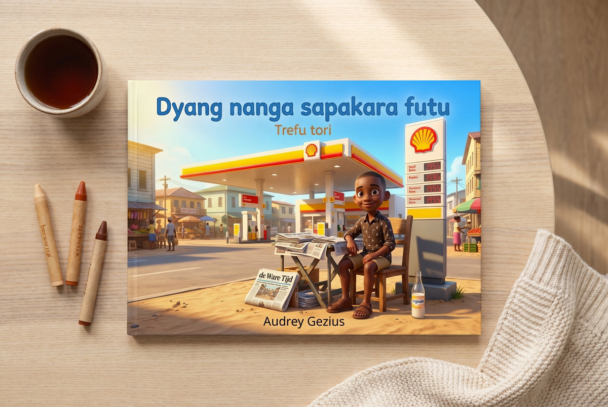 Voorpagina van het kinderboek Dyang nanga sapakara futu met een jongen bij een Shell-tankstation en kranten