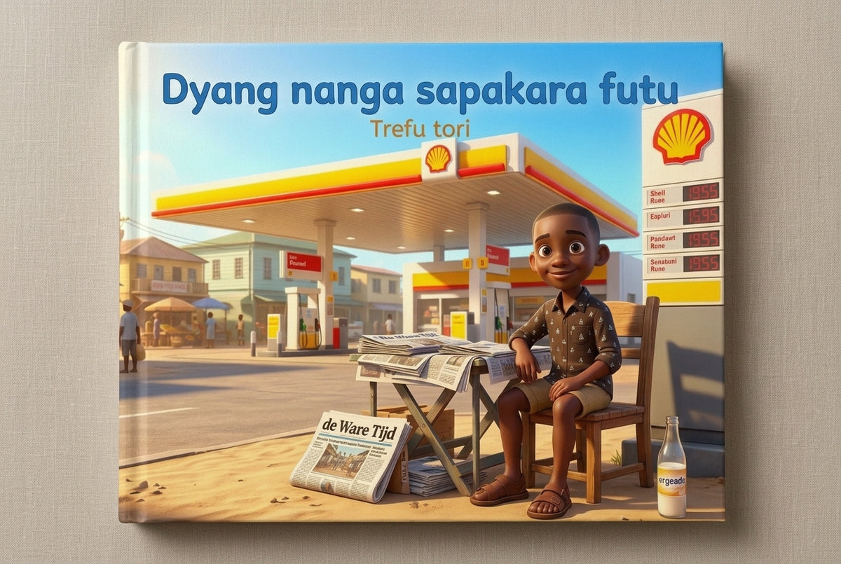 Voorplat van het boek Dyang nanga sapakara futu met een jongen die kranten verkoopt bij een Shell-tankstation