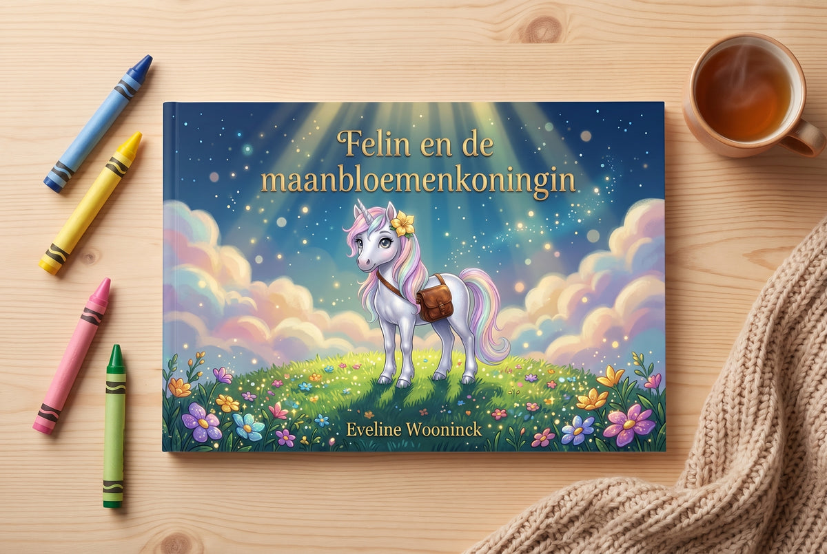 Voorplat van Felin en de maanbloemenkoningin met een eenhoorn op een bloemenveld onder een sterrenhemel