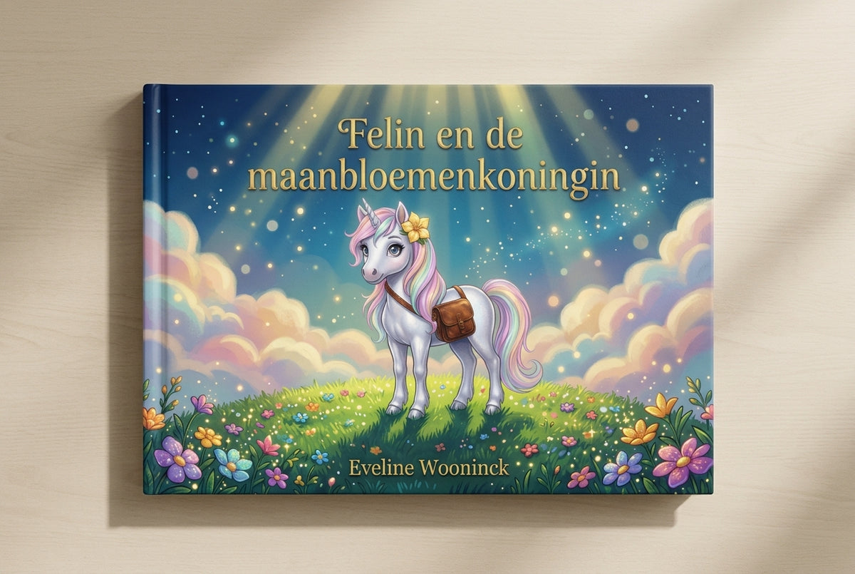 Voorplat van kinderboek Felin en de maanbloemenkoningin met een eenhoorn op een bloemrijke heuvel onder een sterrenhemel