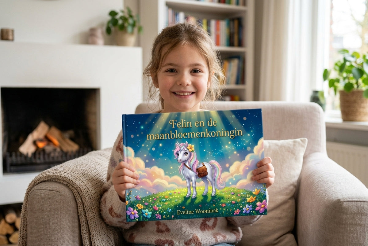 Kind houdt het kinderboek Felin en de maanbloemenkoningin vast met eenhoorn op kleurrijke cover