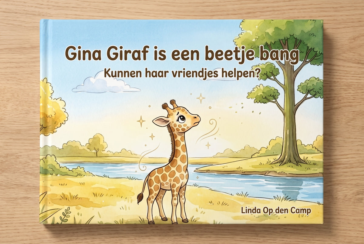Voorplat van het kinderboek Gina Giraf is een beetje bang met een jonge giraf bij een rivier en een boom op de achtergrond