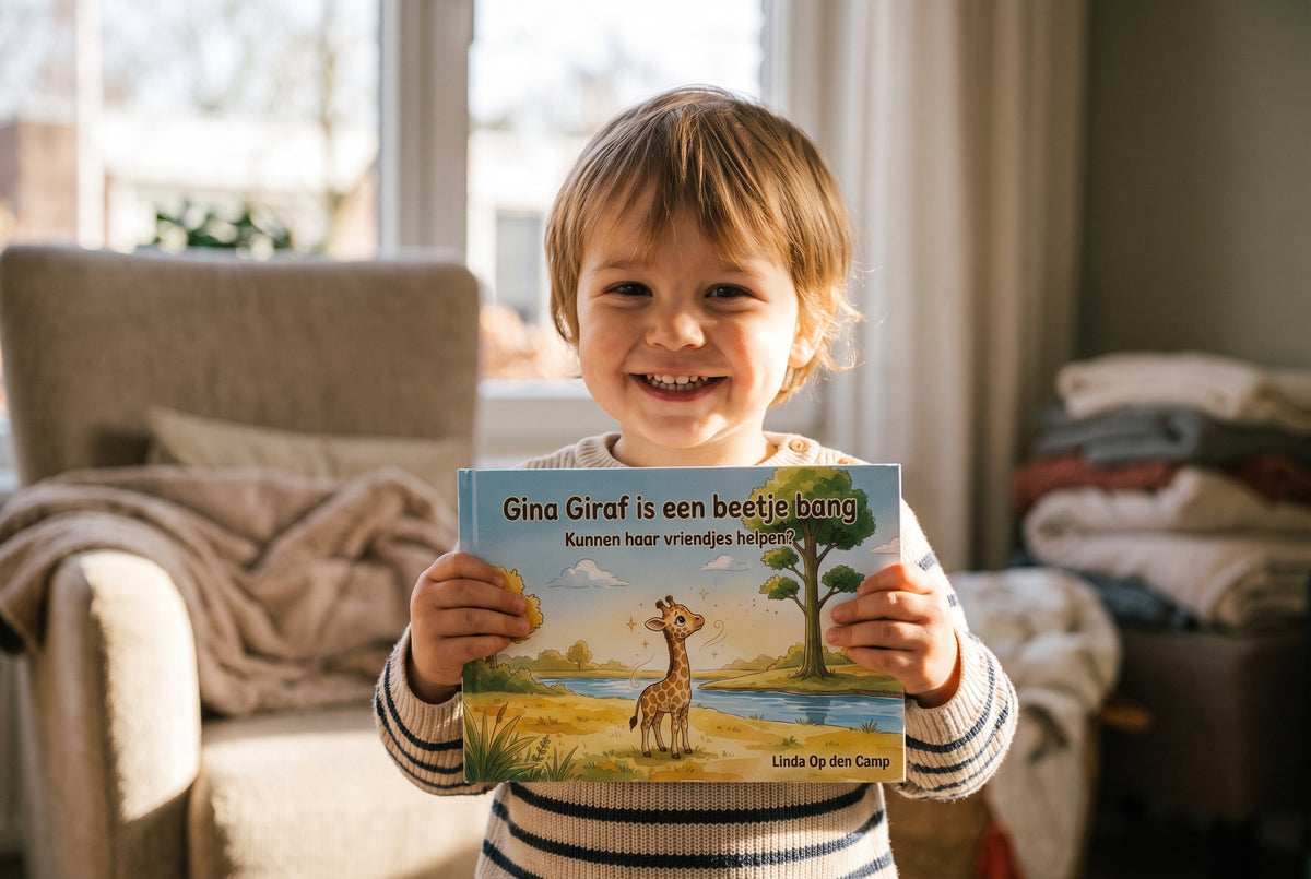 Kind houdt het kinderboek Gina Giraf is een beetje bang vast met een glimlach in een woonkamer