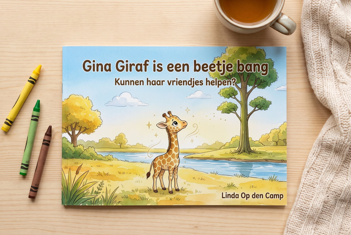 Voorplat van kinderboek Gina Giraf is een beetje bang met een jonge giraf bij een rivier, omringd door krijtjes en een kopje thee