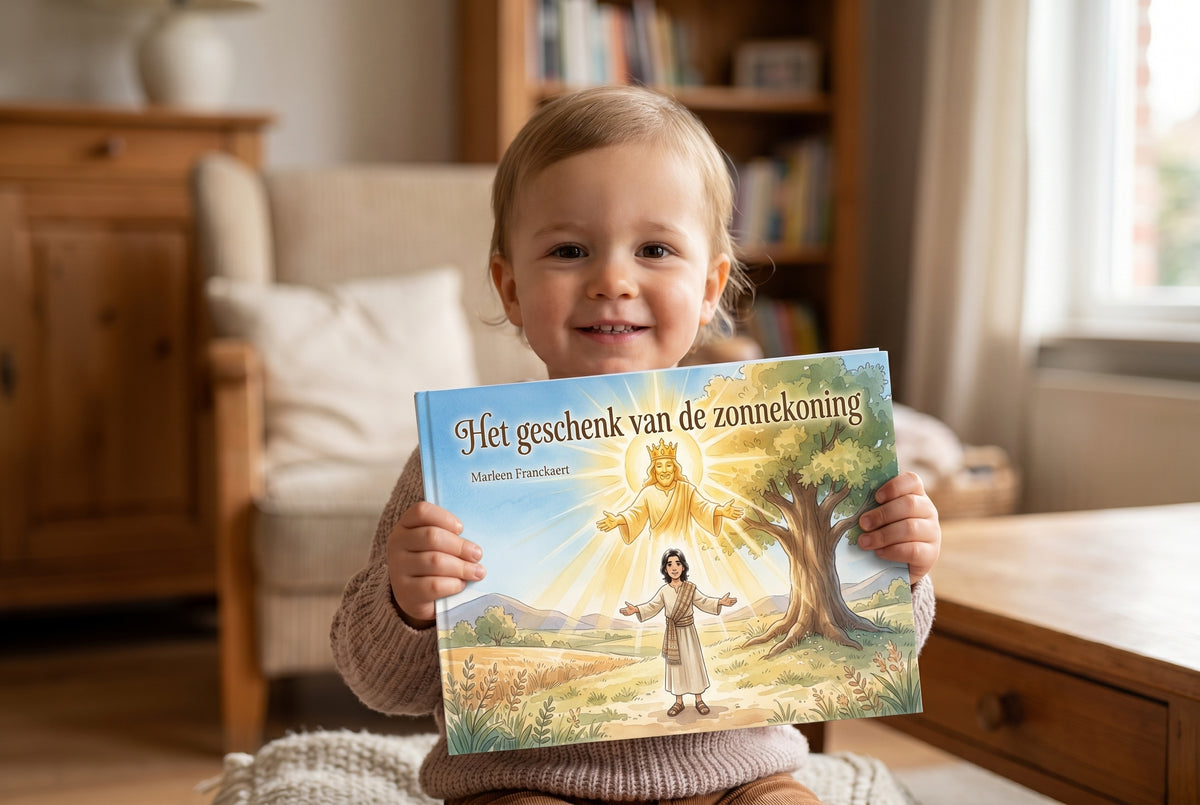 Kind houdt het kinderboek Het geschenk van de zonnekoning vast met kleurrijke voorkant en zonnekoning illustratie