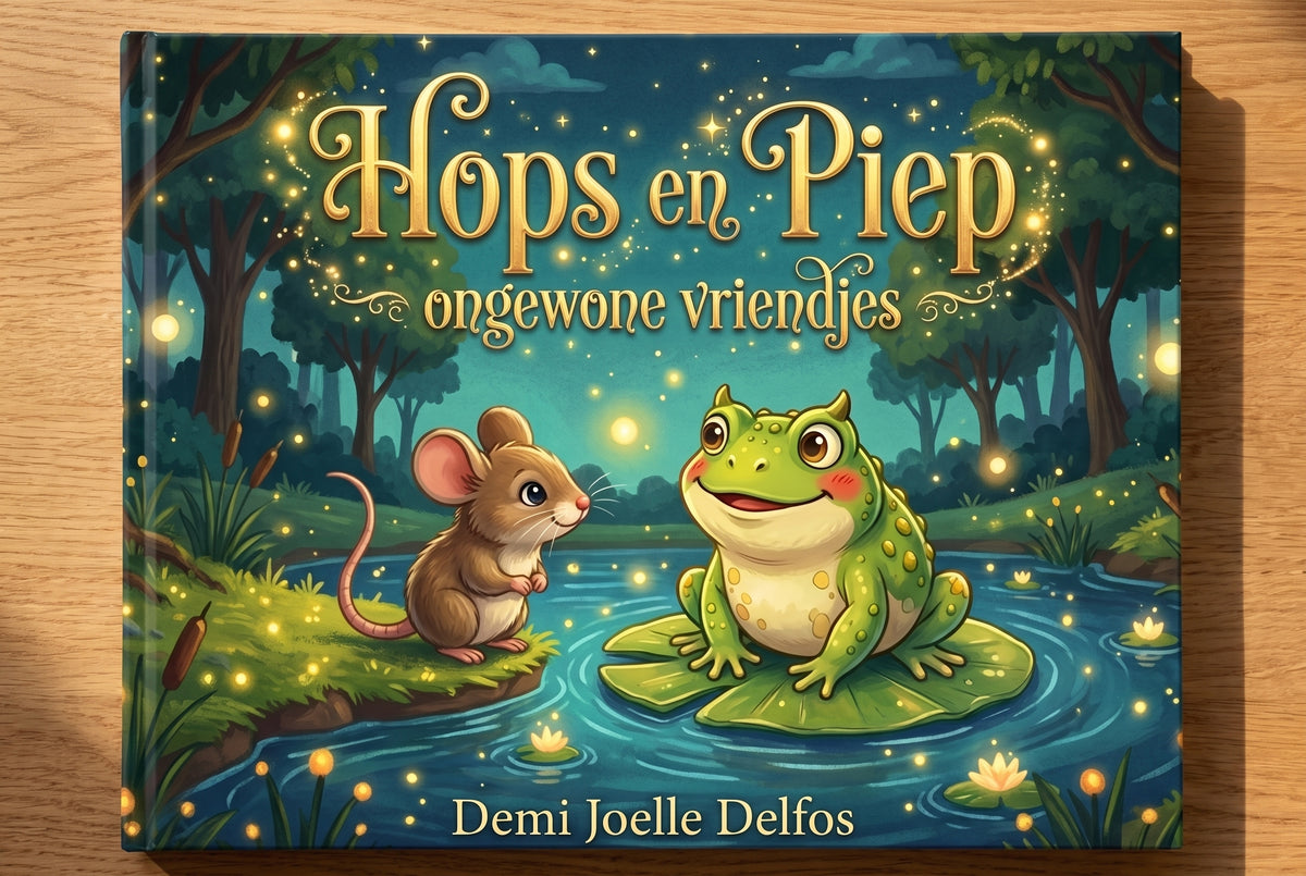 Voorplat van het kinderboek Hops en Piep ongewone vriendjes met een muis en een kikker bij een vijver in het bos
