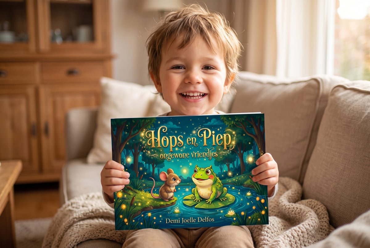 Kind houdt het kinderboek Hops en Piep ongewone vriendjes vast met muis en kikker op de kleurrijke voorkant