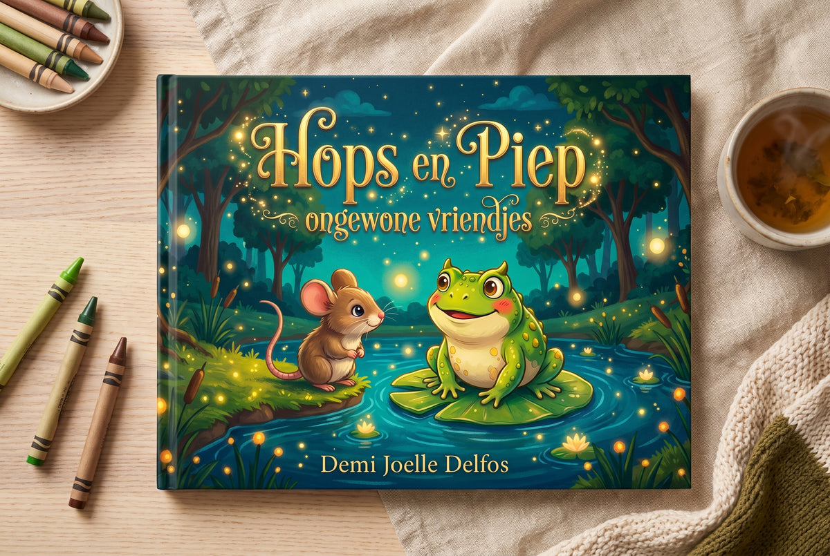 Voorplat van kinderboek Hops en Piep ongewone vriendjes met muis en hoornkikker in een verlicht bos bij vijver