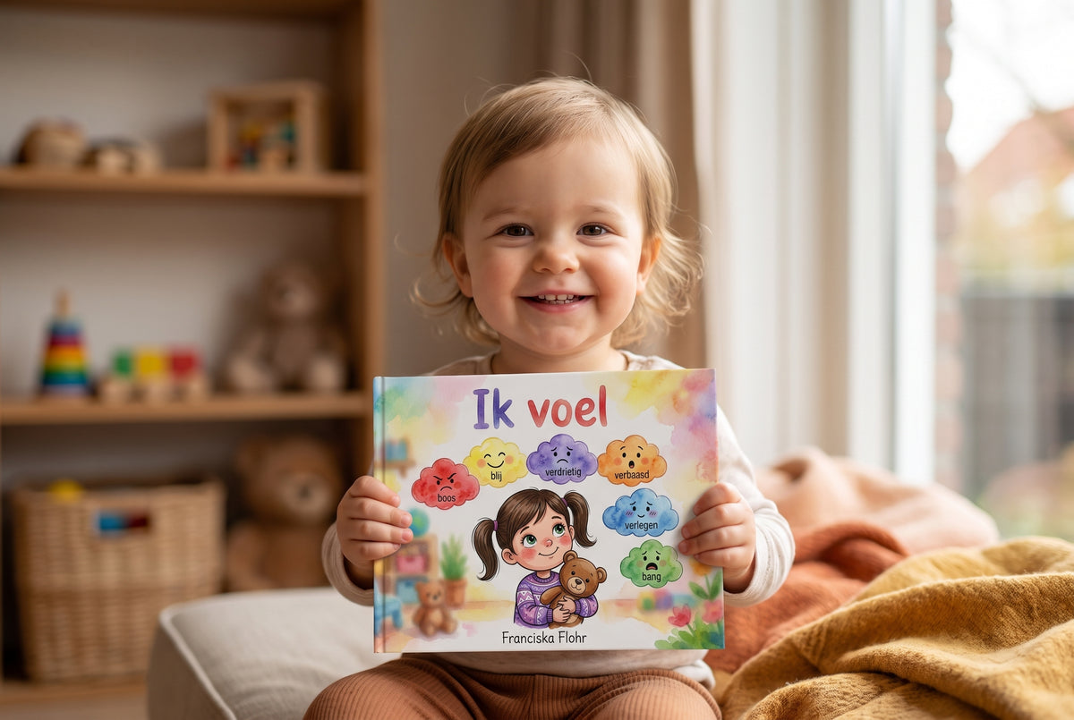 Kind houdt boek 'Ik voel' van Franciska Flohr vast met kleurrijke illustraties van emoties en een meisje met teddybeer